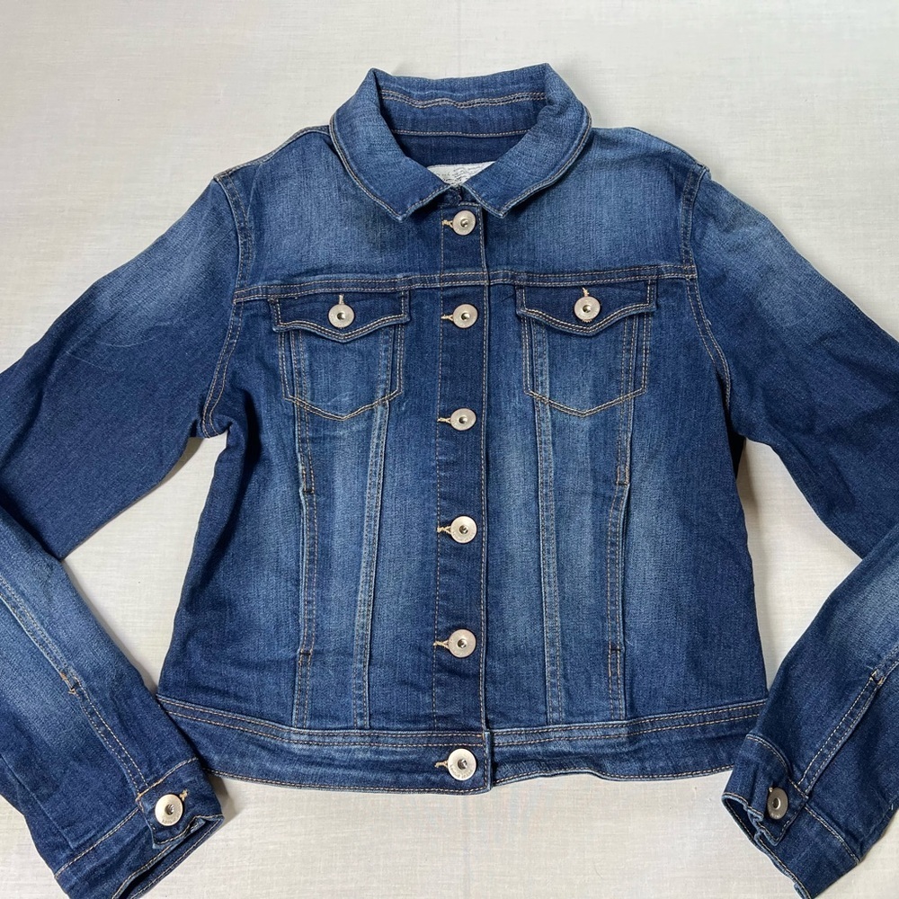 Kensie Jeans-Jean Jacket Size S Cropped Blue Denim Button Up. Dark Blue Wash - Picture 2 of 8